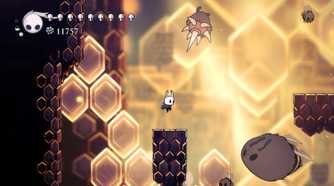 A bright scene with a character jumping on a platform from the game Hollow Knight.