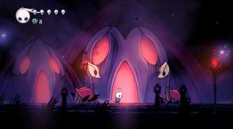 A character standing between two creatures from the game Hollow Knight.