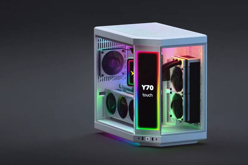 A render showing the HYTE Y70 Touch PC case with a lit up display and RGB lights.