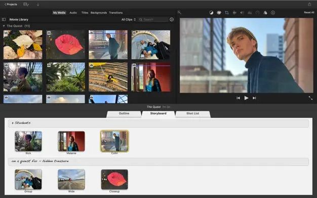 iMovie storyboard where users get to choose the video clips they want to include in a project