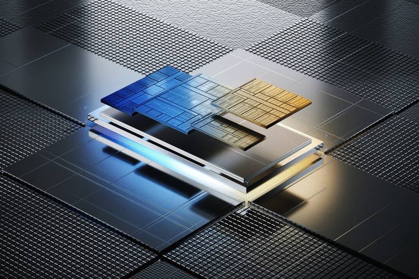Visualization of an Intel Core Ultra processor and its multiple tiles