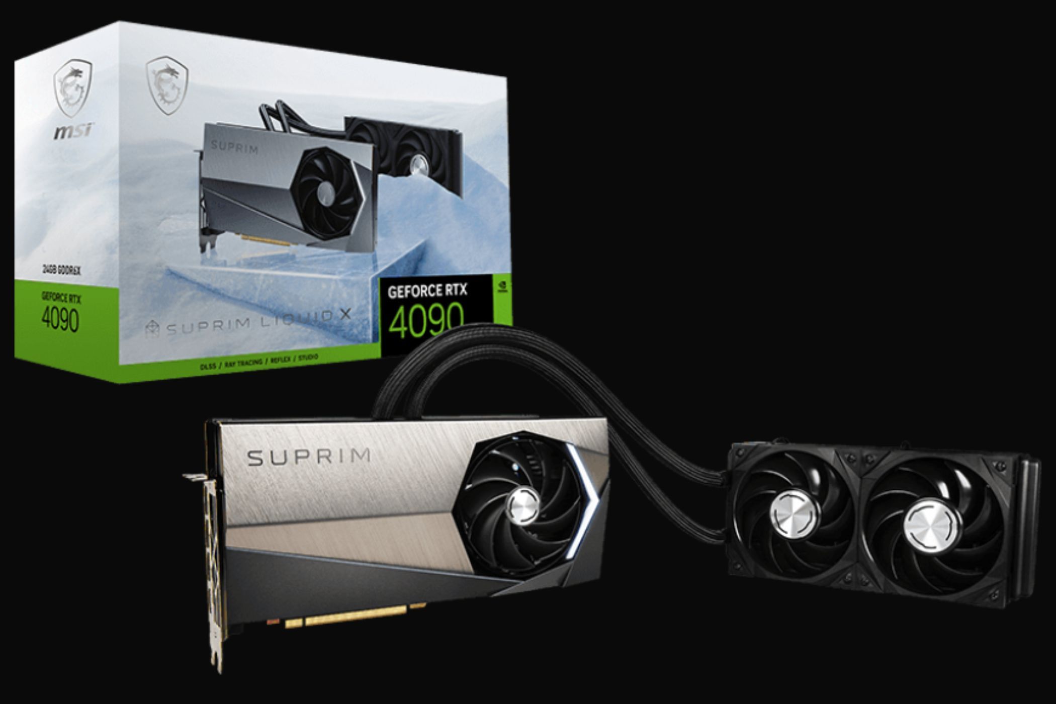 A render showing the MSI GeForce RTX 4090 Suprim Liquid X graphics card.