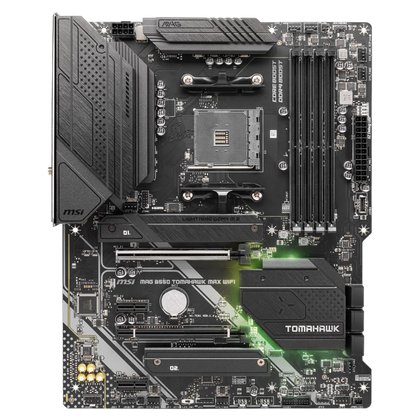 render of msi mag b550 tomahawk max wifi motherboard seen from the front