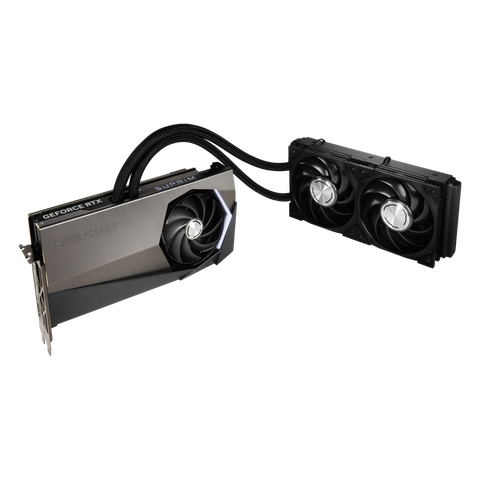 render of msi suprim rtx 4090 liquid x graphics card showing the card and the AIO radiator