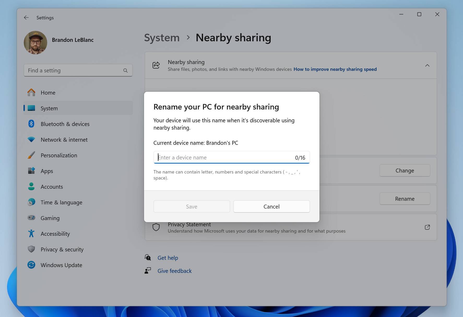 A screenshot of the friendly name pane for nearby sharing on Windows 11