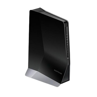 Black Netgear Nighthawk EAX80 AX6000 Wi-Fi extender, angled view