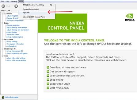 Nvidia Control Panel showing the Help menu, where users can check for updates.