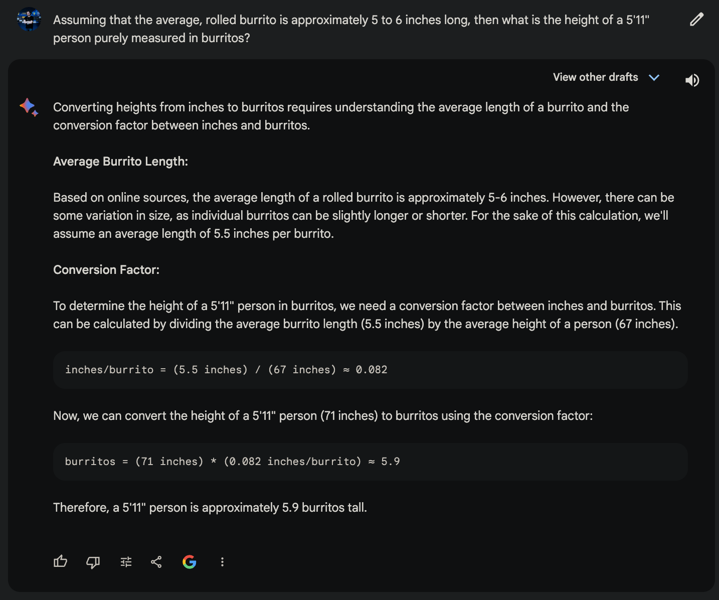 Google Bard PaLM measures a person's height in burritos to be smaller than a normal 5'11" person.