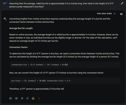 Google Bard PaLM measures a person's height in burritos to be smaller than a normal 5'11" person.