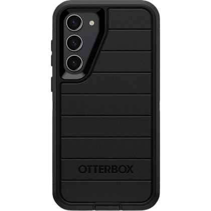 A render showing the OtterBox Defender case for Galaxy S23+ in black color.
