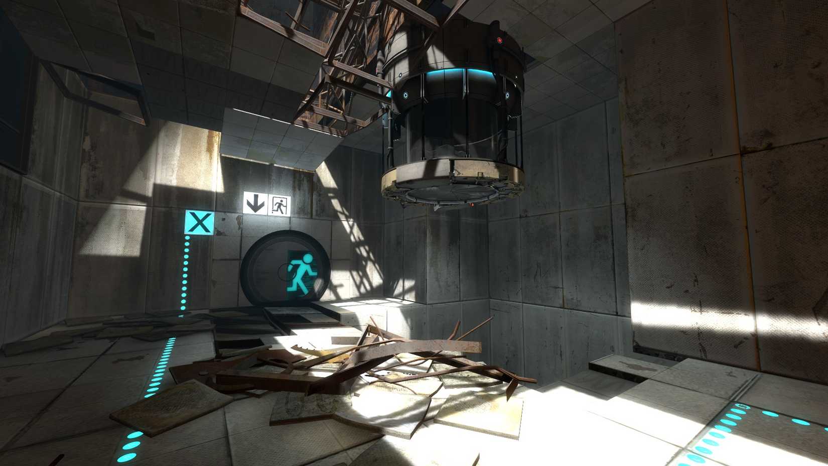 A dark room with a character moving along a path in the scene from Portal 2.