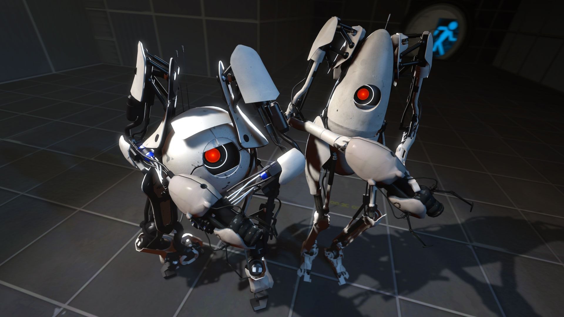 Two robots in a scene from the game Portal 2.