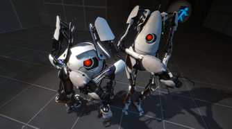 Two robots in a scene from the game Portal 2.