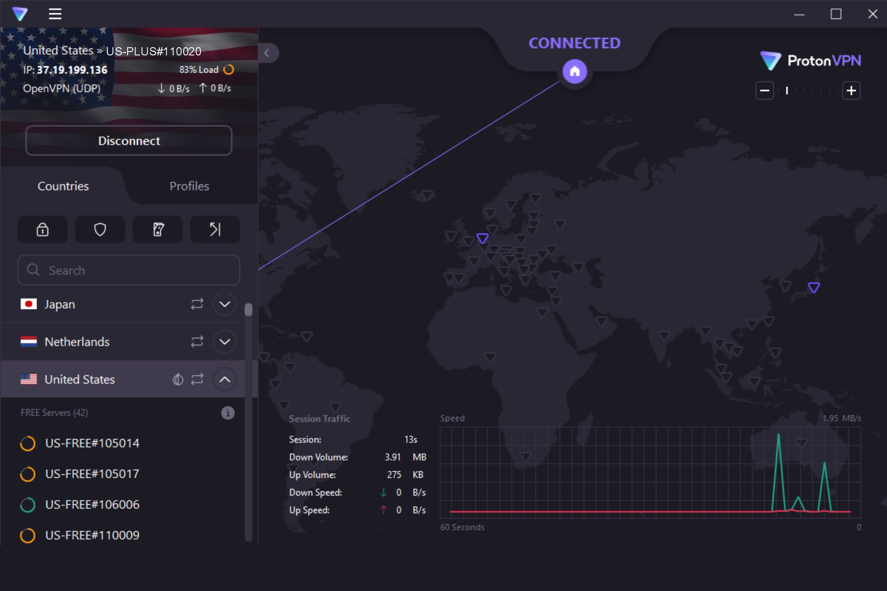 ProtonVPN connected to U.S. server on Windows