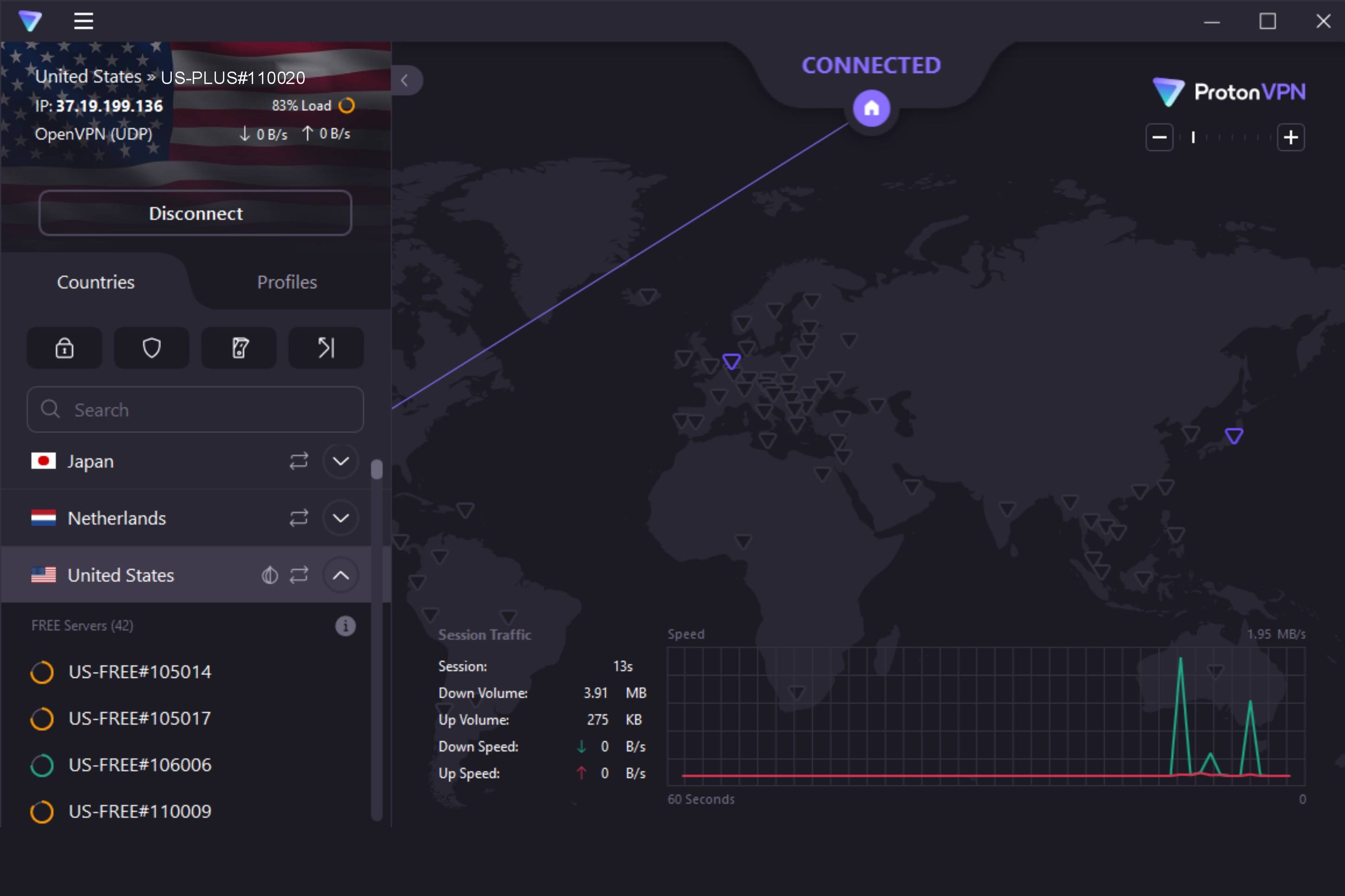 ProtonVPN connected to U.S. server on Windows