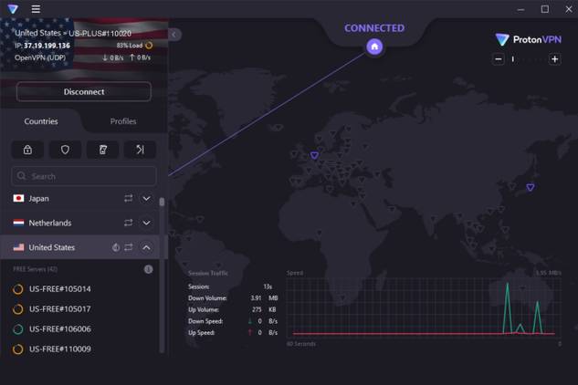 ProtonVPN connected to U.S. server on Windows