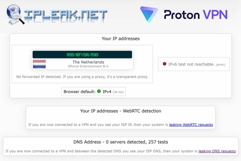 ProtonVPN leak test results