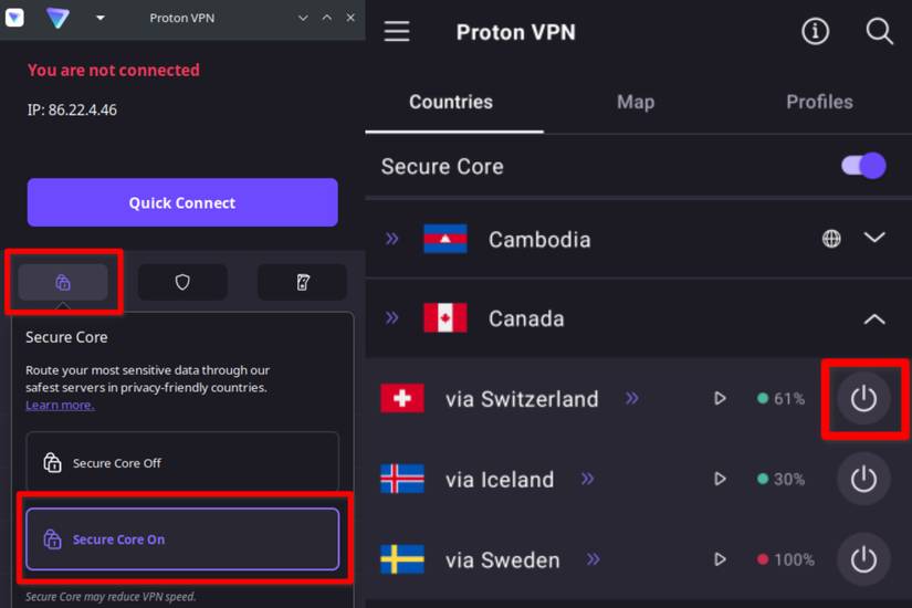 ProtonVPN secure core severs