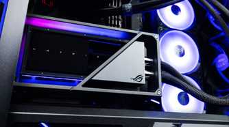 An image showing an ROG Matrix Platinum GeForce RTX 4090 graphics card installed on a PC.