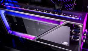 An image showing an ROG Matrix Platinum GeForce RTX 4090 graphics installed on a PC with RGB lights.