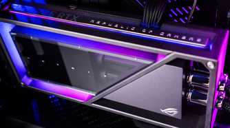 An image showing an ROG Matrix Platinum GeForce RTX 4090 graphics installed on a PC with RGB lights.