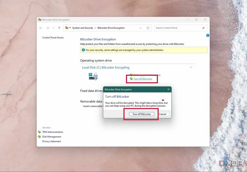 A screenshot of the option to turn off BitLocker in Windows 11