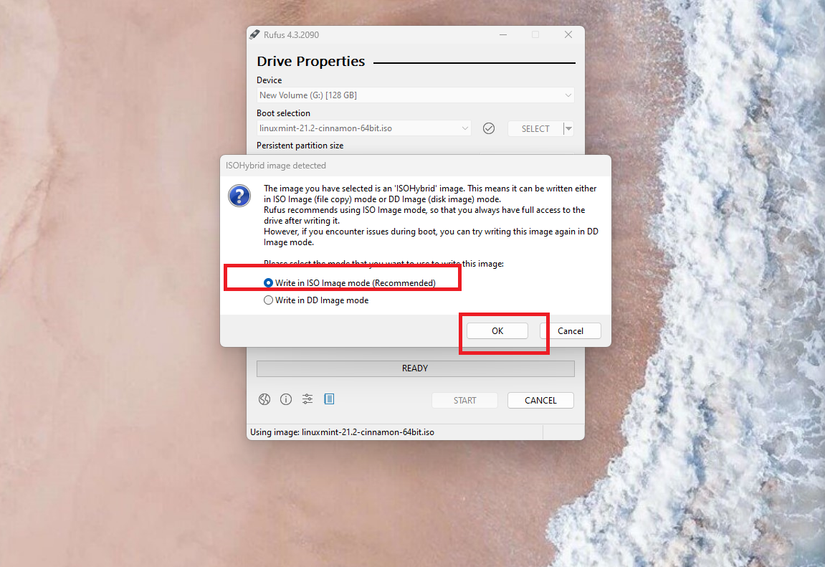 A screenshot of a warning message in Rufus about choosing an ISO format