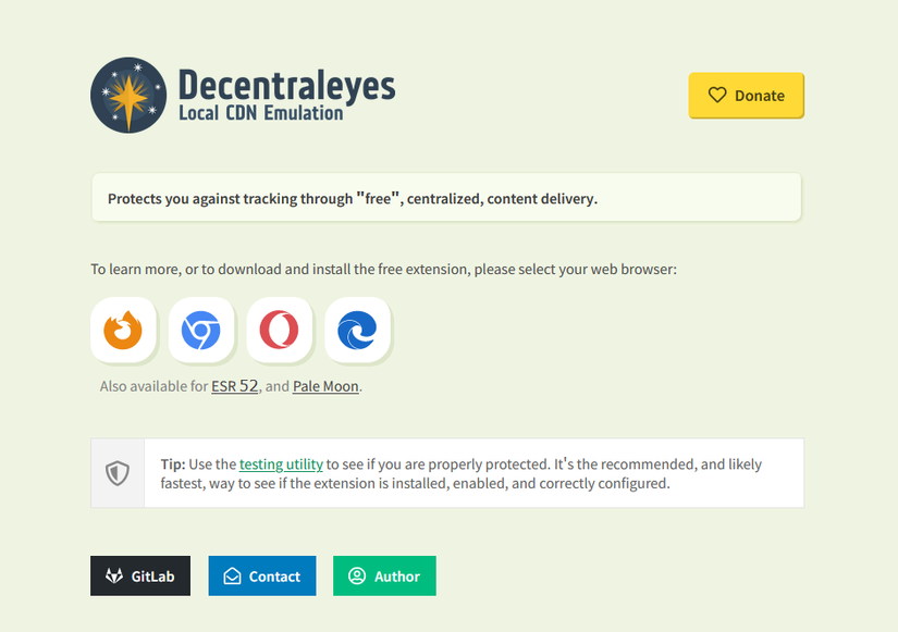 A screenshot of the Decentraleyes home page.