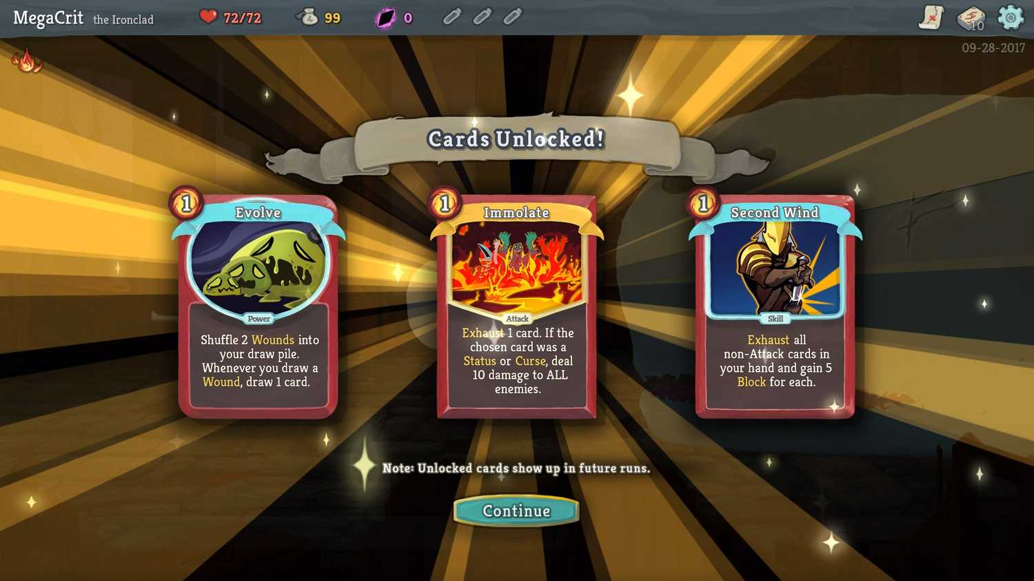 Various cards unlocked in the game Slay the Spire.