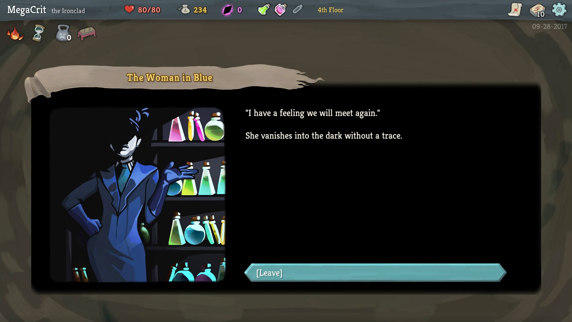 A character in a suit with dialogue showing on the right in a scene from Slay the Spire game.