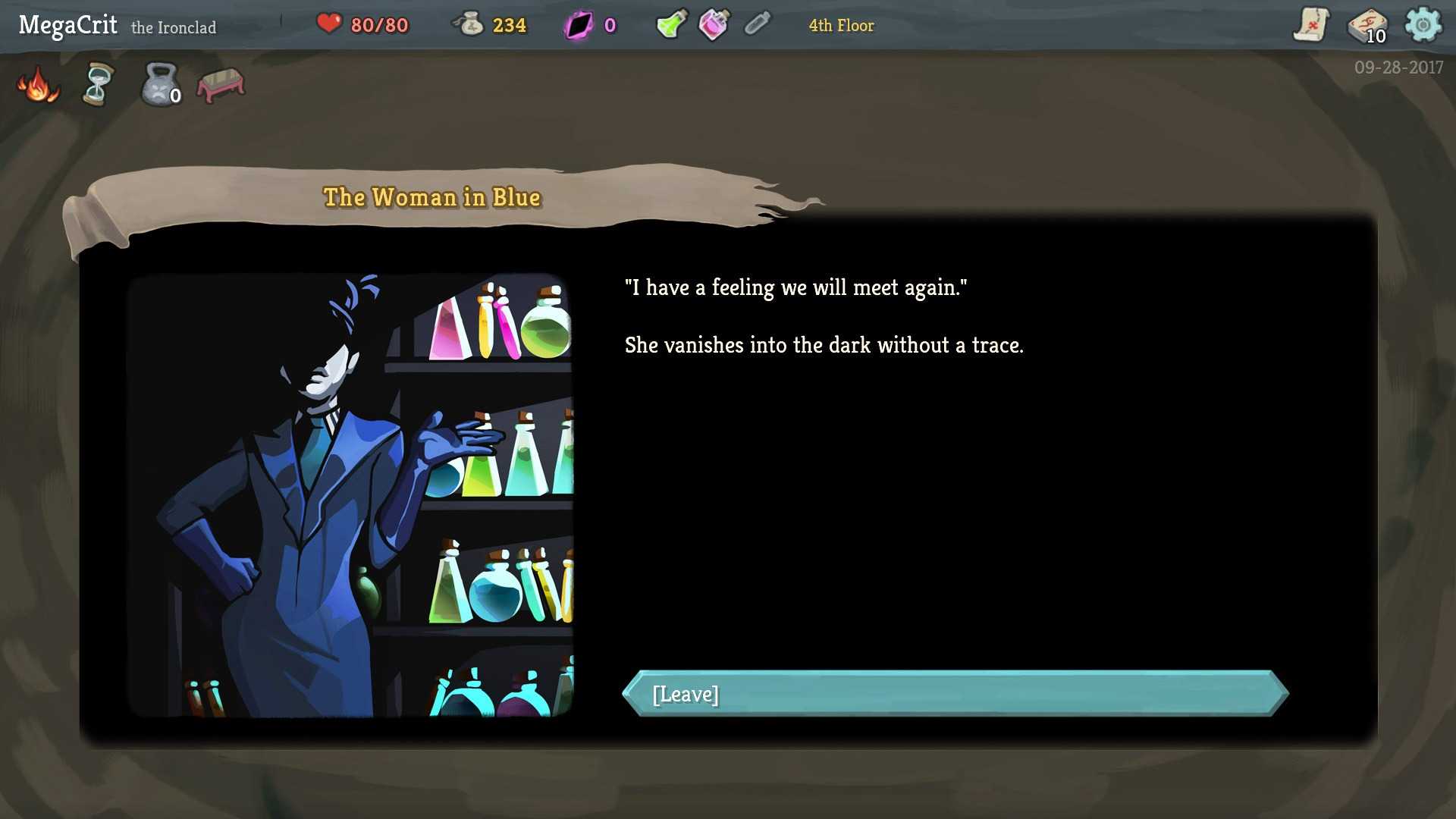 A character in a suit with dialogue showing on the right in a scene from Slay the Spire game.