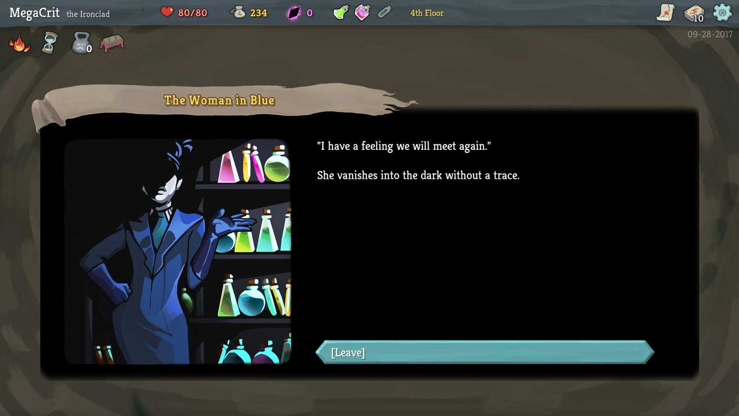 A character in a suit with dialogue showing on the right in a scene from Slay the Spire game.
