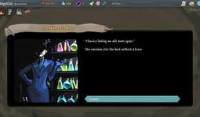 A character in a suit with dialogue showing on the right in a scene from Slay the Spire game.