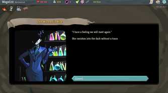 A character in a suit with dialogue showing on the right in a scene from Slay the Spire game.