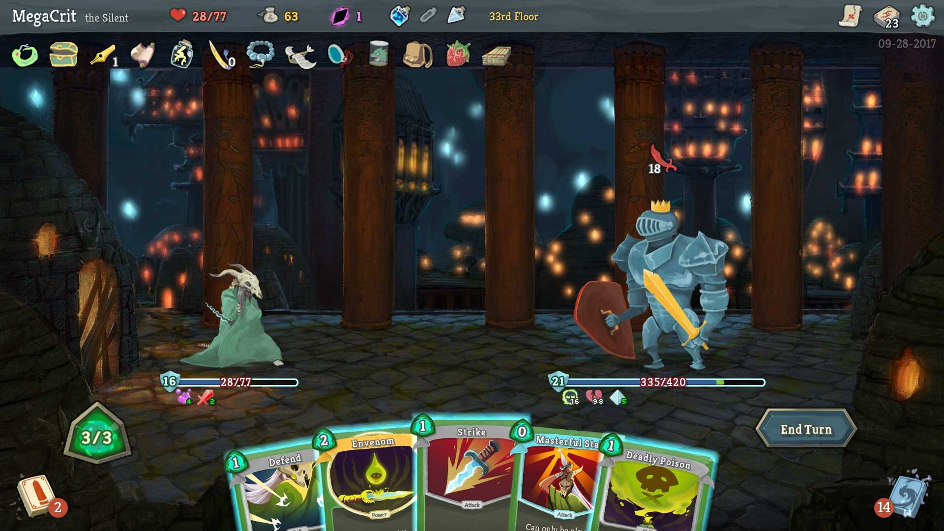 A battle scene with cards showing in the game Slay the Spire.
