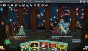 A battle scene with cards showing in the game Slay the Spire.