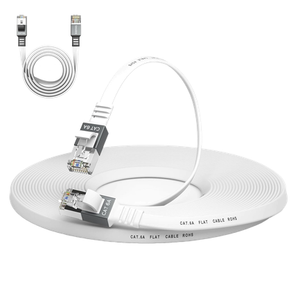 A PNG render of the Smolink Cat 6a Ethernet cable on a transparent background. The cables appear in two images in the picture, one in the top left showing the entire cable, while the main-center image is a larger shot the same cable.