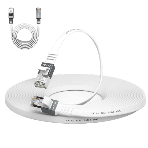 A PNG render of the Smolink Cat 6a Ethernet cable on a transparent background. The cables appear in two images in the picture, one in the top left showing the entire cable, while the main-center image is a larger shot the same cable.