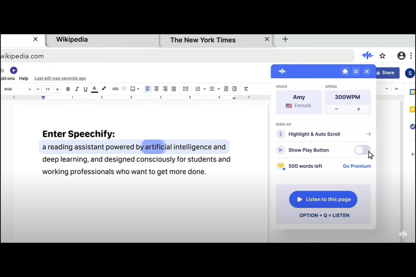 Speechify widget showing the different reading options
