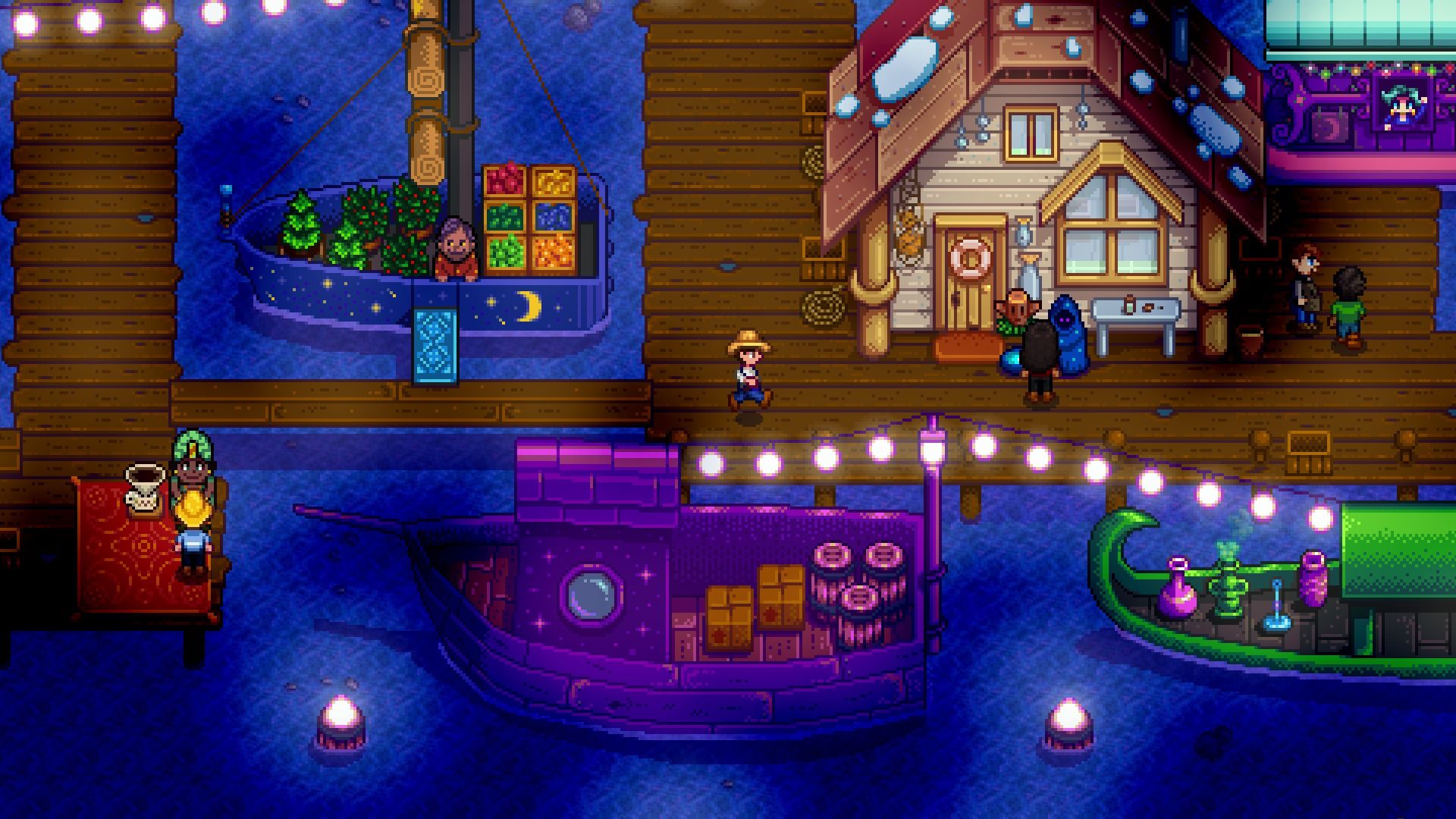 Screenshot of a farm with boats on the water from the video game Stardew Valley.