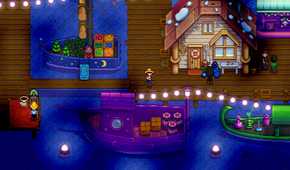 Screenshot of a farm with boats on the water from the video game Stardew Valley.