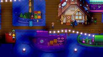 Screenshot of a farm with boats on the water from the video game Stardew Valley.