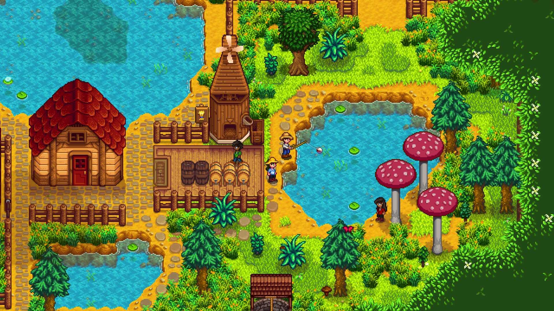 a farm with ponds around it
