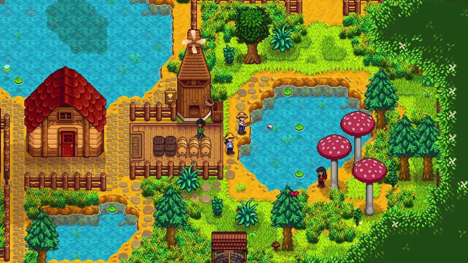 a farm with ponds around it