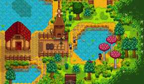 a farm with ponds around it