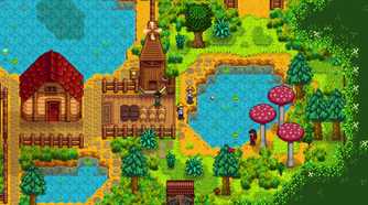 a farm with ponds around it