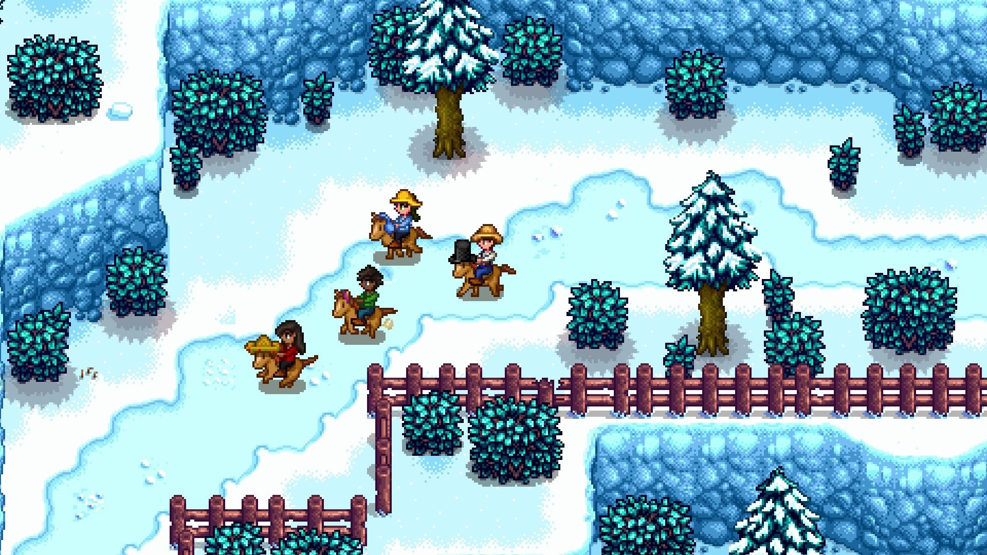 Screenshot of a farm in the winter months from the video game Stardew Valley.