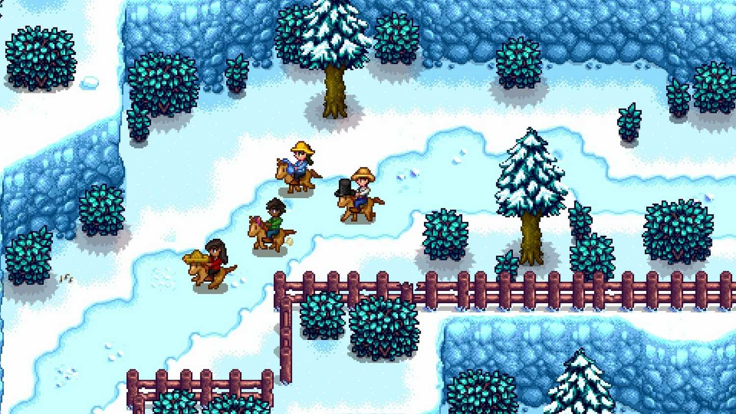 Screenshot of a farm in the winter months from the video game Stardew Valley.