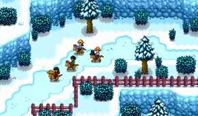 Screenshot of a farm in the winter months from the video game Stardew Valley.