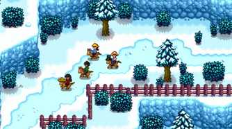 Screenshot of a farm in the winter months from the video game Stardew Valley.